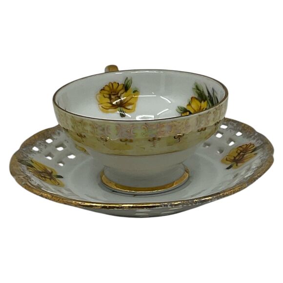 Daffodil Yellow Floral Tea Cup and Saucer Reticulated Petite Trimont Ware Japan - Picture 6 of 6